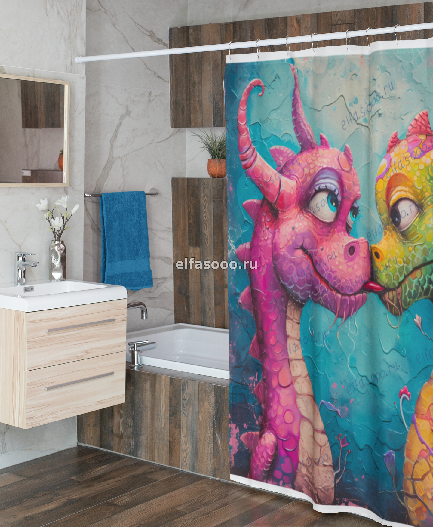 "влюбленные драконы" на занавеске для ванны